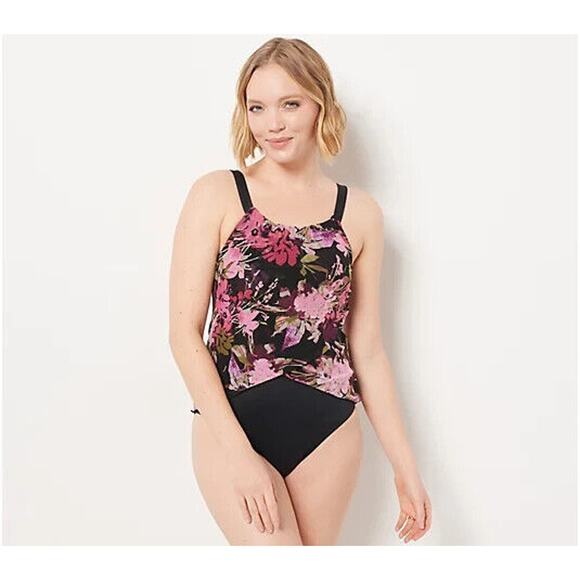 DENIM & CO. NEW $68 Beach Halter Neck Draped One-Piece Swimsuit Black Size 10 - Picture 1 of 2